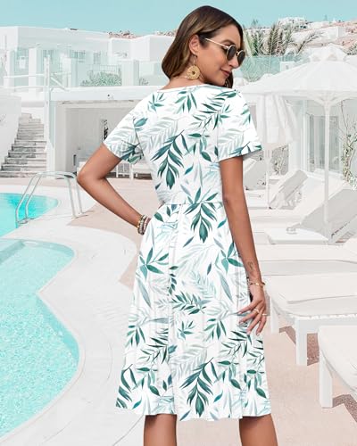 Image of WNEEDU Women V Neck Button Down Empire Waist Midi Summer Dress with Pockets