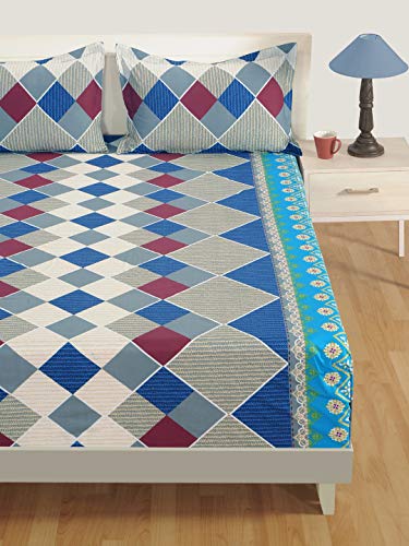 Image of Swayam Pure Cotton King Bedsheet with 2 Pillow Covers | 160 TC Soft Breathable Bed Sheet | Geometric Printed | Size 108 x 108 inch | Comfortable & Durable for Bedroom - Blue & Beige