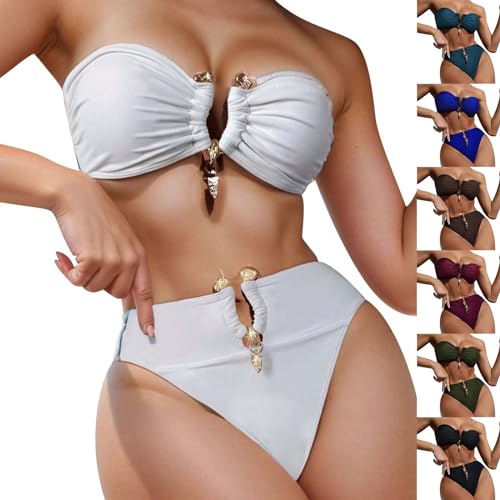 Traje de baño de dos piezas para mujer, con anillo en U, sin tirantes, bikini bandeau para mujer, con parte inferior sexy de corte alto, traje de baño brasileño de 2 piezas para playa, piscina y