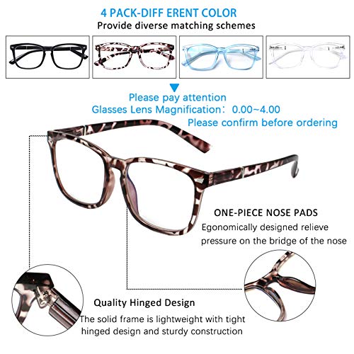 Image of Henotin 4-Pack Blue Light Blocking Reading Glasses Women Men,Spring Hinge Computer Readers,Anti UV Ray Square Nerd Eyeglasses (4 pack Mix Color, 2.00, Diopters)