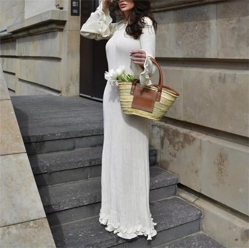 Maxi Dress with Ruffles Crochet Cream Tie Back Knot Bodycon Long Sleeve Sweater Dress2