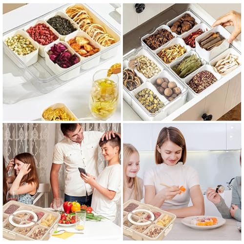 Lahnaokfis 8 Fächern Snackbox mit Fächern, Snackteller mit Deckel, Snackschale mit Griff, Tragbar und Vielseitige Snackbox Organizer, Kinder Obstbox Snackdose für Familientreffen und Picknicks