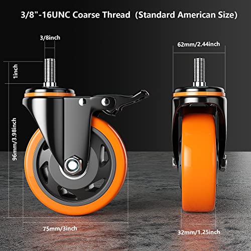 Yupezop 3SCW38 Stem Caster Wheels 3 Inch Heavy Duty Threaded Stem Casters Unc 3/8"-16 X 1 Swivel Casters Set Of 4 thumb #1