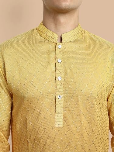 Image of Vardha Men's Cotton Chikankari Embroidered Kurta with Full Sleeves and Knee Length Design and Elegant Sequence Work | Kurta for Men