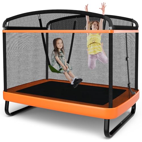 Goplus 6FT Kids Trampoline with Swing, ASTM Approved Rectangle Recreational Trampoline w/Enclosure Safety Net, Galvanized Steel Frame, Indoor Outdoor Baby Toddler Trampoline for Boys Girls (Orange)
