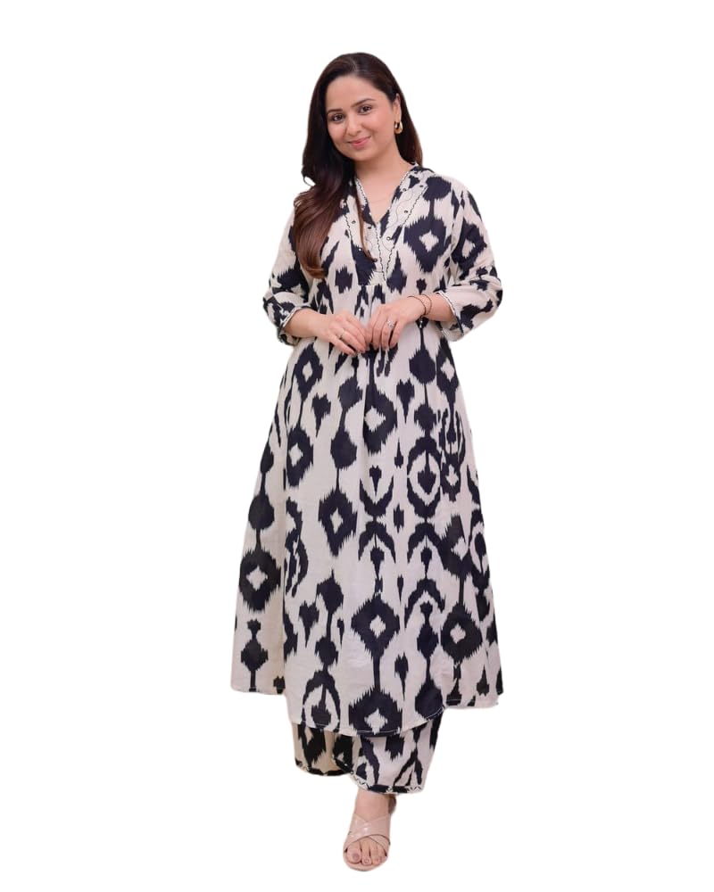 Cotton Rayon Anarkali Dress, Round Neck, Three Quarter Sleeve, Floral Print with Traditional Embroidery, Ankle Length, Regular Fit, White and Navy-image-31