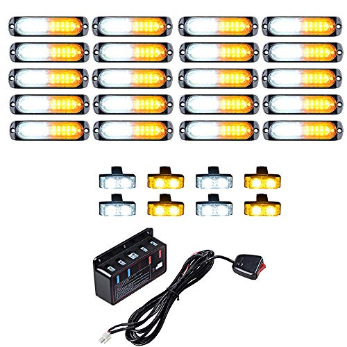 Astra Depot 20PCS Ultra Slim 10-LED 30W Emergency Hazard Caution Surface Mount Strobe Light & 8pcs Car Truck Grille Deck Dash Flashing Light - Amber White