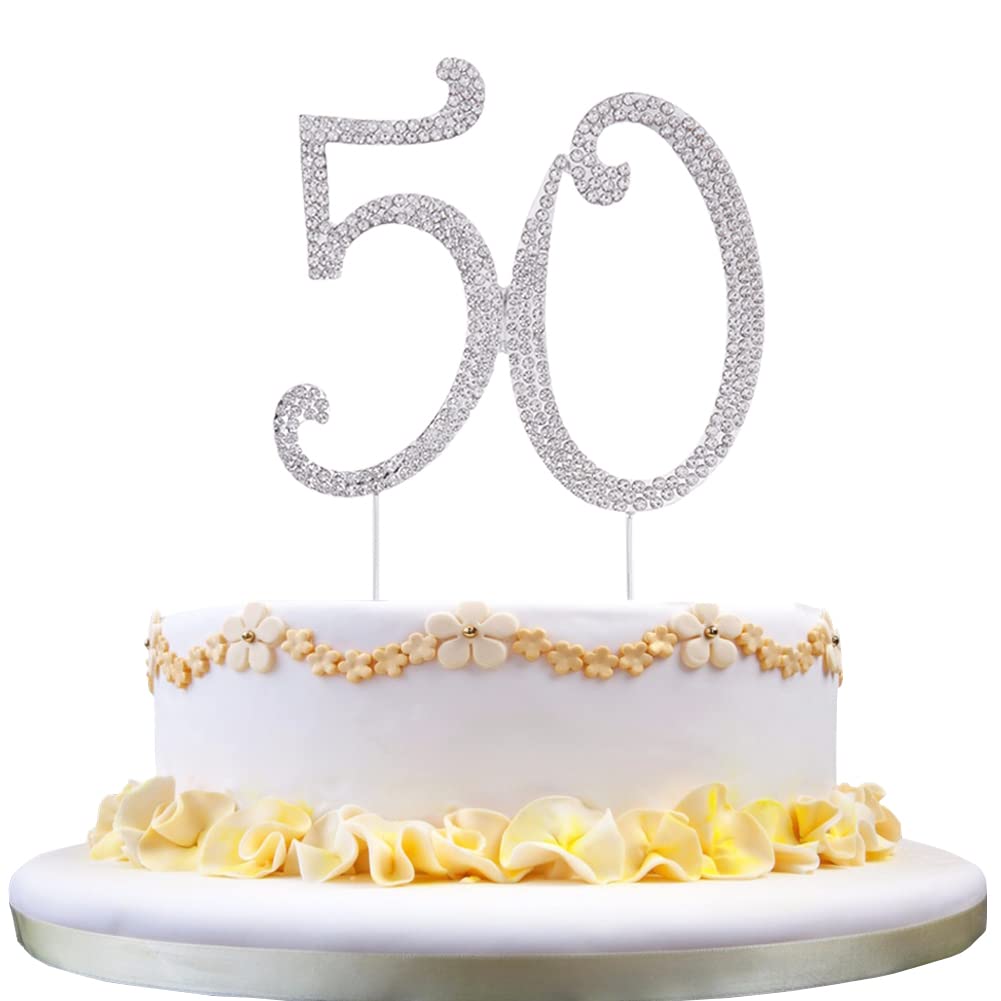 Zkptops 50 Cake Topper 50th Anniversary Birthday Wedding Diamond Cake Topper for Women 50 Sparkle Bling Rhinestone Cake Decoration Party Supplies Keepsake, Silver