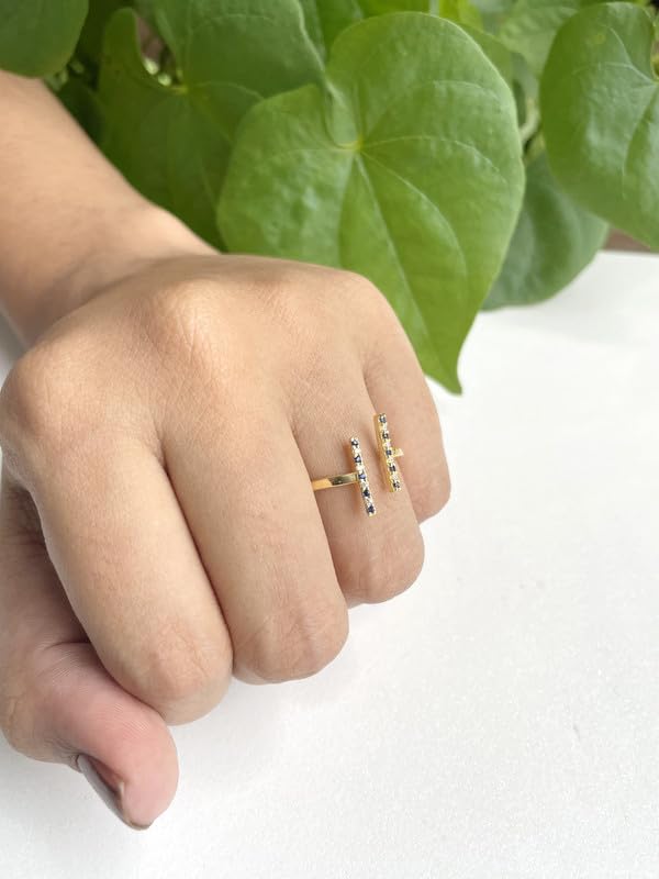 Miniatura 8 de Alternate Blue Sapphire & White Diamond Open T Bar Ring For Women, 14k Yellow Gold Finish Blue Sapphire Open Bar Ring, Stackable Double Bar Ring