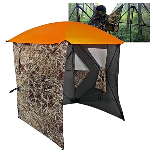 AUSCAMOTEK 3W See Through Pop Up Ground Blind Hub Style 3-Panels Blinds with Removable Orange Blaze Top for Duck Waterfowl Hunting