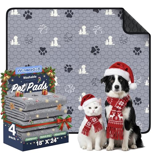 WanpeeGoo Washable Pee Pads for Dogs, 4 Pack Absorbent Reusable Training Dog Pads Pet Puppy Pads, Non-Slip Potty Pads for Whelping, Playpen, Crate, Bed, Grey 18