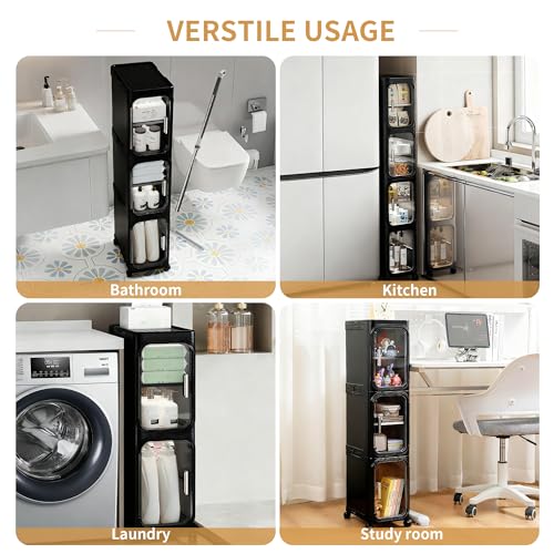 Image of 5-Tier Tall Narrow Slim Bathroom Storage Cabinet, Black | Tool Free Assembly, Adjustable shelves, Fits for Narrow Spaces, Lockable Wheels, Magnetic Clear Door