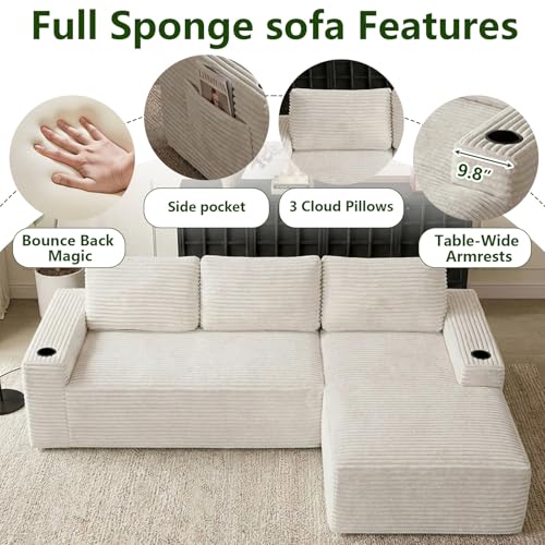 Image of 104.3 inch Modular Sectional Sofa,Modern Corduroy Cloud Couch with Cup Holder & Side Pockets,Boneless Couch Upholstered 4-Seater L-Shaped Sofa for Living Room,No Assembly (White, Right-Facing Chaise) | with Cup Holder