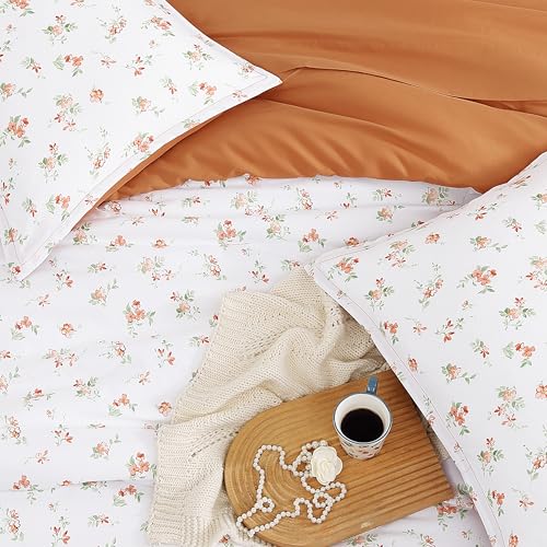 Image of Andency Floral Full Comforter Set, 7 Pieces Cute Orange Bedding Sets, Coquette Cottagecore Flower Dorm Bedding, Soft Lightweight Comforter with Sheets, Pillowcases & Shams for Teen Girls