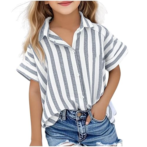Girls Cotton Linen Striped Top V-Neck Button Down Shirt Kids Loose Casual Lapel Shirt Clothes Teens Blouses Tee Clothing