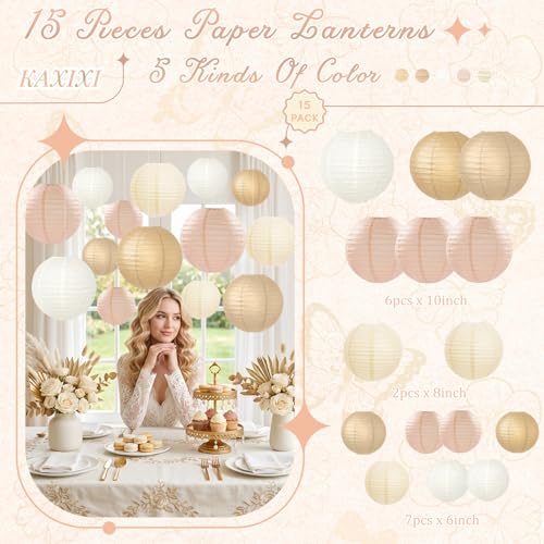 Image of KAXIXI 15-Pack Boho Paper Lanterns, Champagne Gold and Beige Hanging Decor