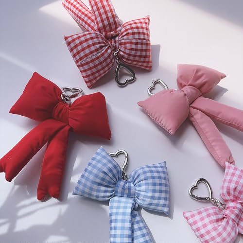 Image of Pink Bow Keychain Bag Charms Y2K Bowknot Plaid Keychains Coquette Aesthetic Purse Handbag Backpacks Charms (Red Houndstooth)