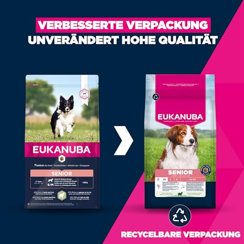 Eukanuba Senior Hundefutter mit Lamm und Reis für kleine und mittelgroße Rassen - Premium Trockenfutter für ältere Hunde, 12 kg
