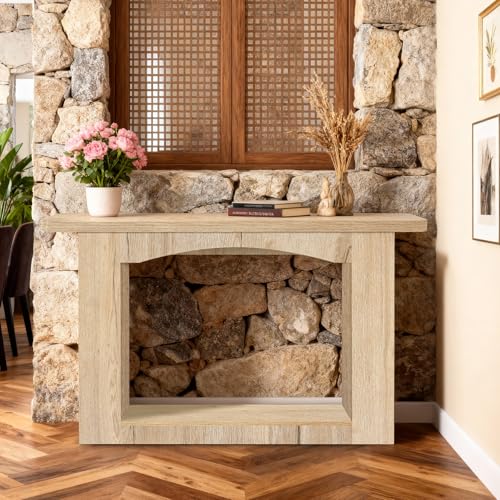 Image of Sonharlar 51 Inch Entryway Table U-Shaped Extension, 1.6 Inch Thick Desktop Wooden Console Table with Socket Farmhouse Sofa Table for Entrance, Hallway, Living Room,Behind Couch((Natural Brown)