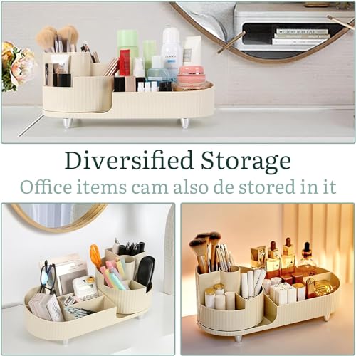 Image of COOFANDY New Rotating Makeup Organizer for Vanity with Brush Holder, Large Capacity Cosmetic Display Case, Countertop Makeup Perfume Skincare Organizer, Spinning Lotions Display Case (OFF-WHITE)