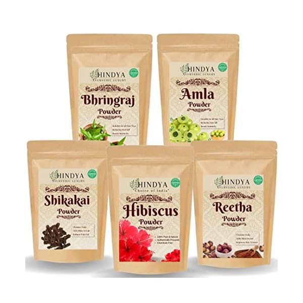 Amla Reetha Shikakai, Bhringraj and Hibiscus Powder for Hair (Pack of 5, 50g each, Total 250g Pack)