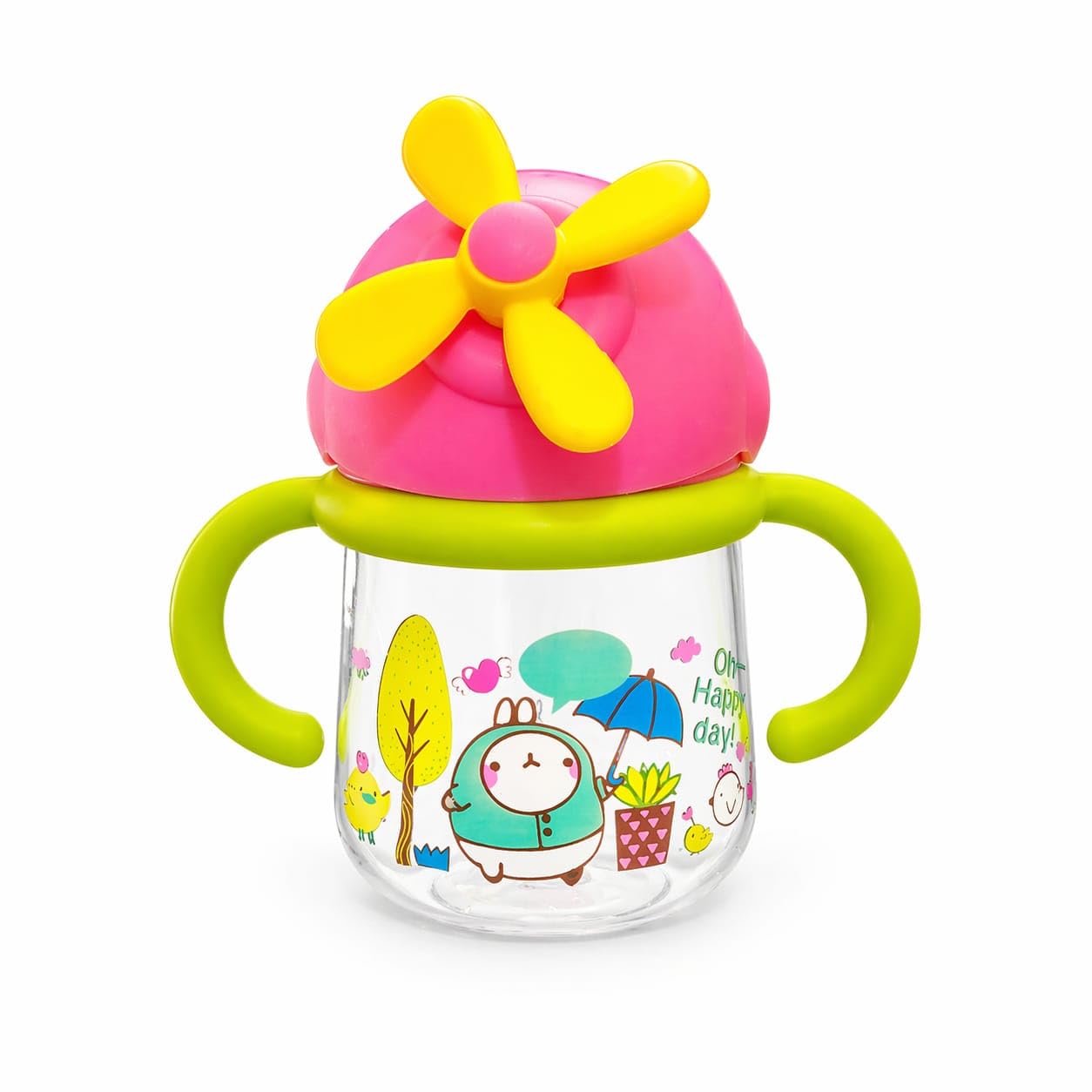 Water Straw Cup for Kids, BPA Free, Wind Mill Design Straw Bottle, Anti-Leak Kids Printed - 200 ML (Dark Pink)-image-35