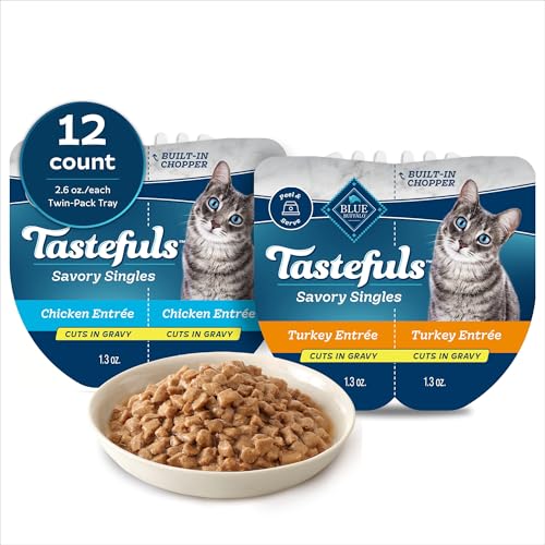 Blue Buffalo Tastefuls Savory Singles Variety Pack, Wet Cat Food in Gravy, 2.6-oz. Twin-Pack Trays, Chicken & Turkey Entreé (12 Count)