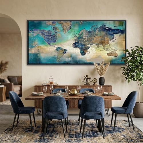 Image of Large World Map Canvas Prints Wall Art for Living Room Office Green World Map Picture Artwork Decor for Home Decoration Black Framed Wall Art