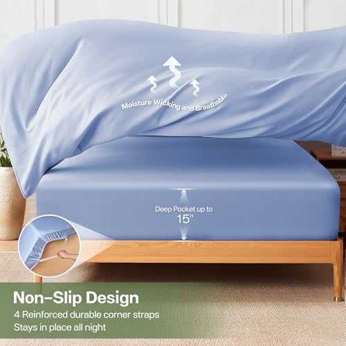 MR&HM Queen Sheet Set, 4-Piece Cooling Sheets, Rayon Derived from Bamboo & Polyester Blend, Soft & Silky, 15" Deep Pockets with Elastic Straps, Hotel Luxury for Hot Sleepers, Light Blue