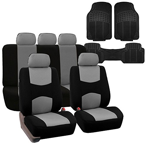 FH Group FB051115 Multi-Functional Flat Cloth Car Seat Covers, Gray/Black, Airbag Compatible and Split Bench with F11306 Vinyl Floor Mats-Fit Most Car, Truck, SUV, or Van
