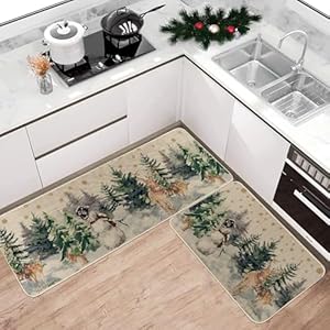 Christmas snowman reindeer with scarf decorative kitchen rugs set of 2 seasonal winter welcome xmas home decor low profile kitchen mats for floor 17×29 and 17×47 inch  urban country home decor