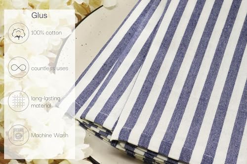 Image of Cotton Mercerised Dining Table Napkins, Set of 4, Solid Plain Colour, Heavy Weight,More Than 2 cm Mitered Hem,Washable at 40C (Blue Stripe, 45 X 45 Cms)