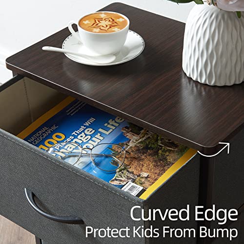 Somdot Nightstand With 2 Drawers, Bedside Table Small Dresser With Removable Fabric Bins For Bedroom Nursery Closet Living Room - Sturdy Steel Frame, Wood Top, Pull Handle - Charcoal Grey/Dark Walnut #TOP4
