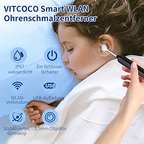 Ohrenschmalz Entferner Otoskop, VITCOCO WiFi Ohrenreiniger Kamera 5MP HD Ohr Kamera IP67 wasserdicht Ohrenspiegel 3.5mm Linse Ohr Endoskop mit 6 LEDs für iPhone, iPad und Android-Smartphones(Schwarz)