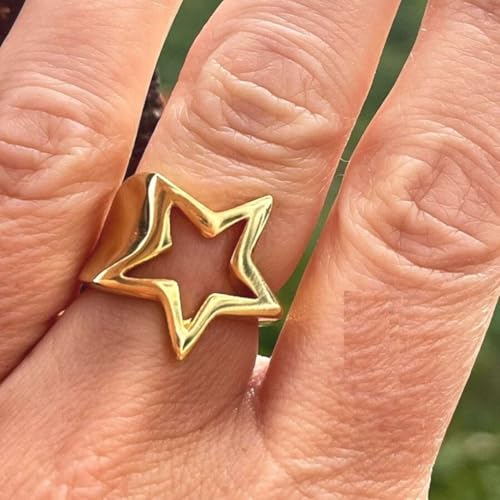 Y2K Hollow Star Open Band Statement Ring Punk Aesthetic for Women Men Stainless Steel Chunky Gothic Grunge Adjustable Stackable Finger Knuckle Rings Vintage Minimalist Silver Comfort Fit Jewelry (Gold)3