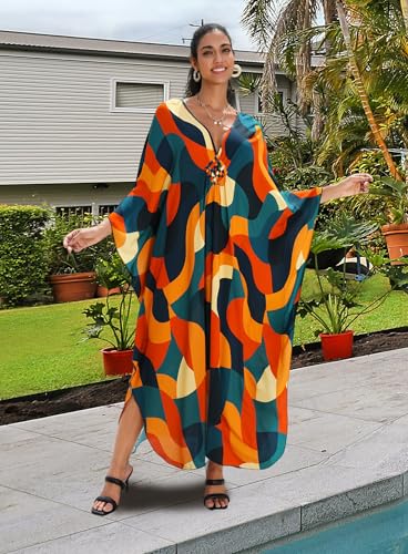 Image of Yanziliu Kaftan Dress for Women,Plus Size Hawaiian Batwing Sleeve Beach Cover Up Summer Swimsuit Dresses