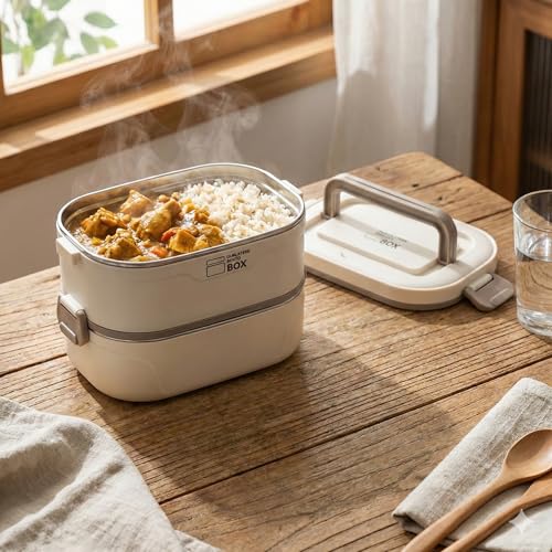 Image of Lunch Box for Office & School, Leakproof Double-Layer 304 Stainless Steel Bento Lunch Box with Removable Inner Tray, Microwave Safe, 1600ML, Cream