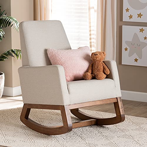 Baxton Studio Yashiya Mid Century Retro Modern Fabric Upholstered Rocking Chair, Light Beige #TOP1