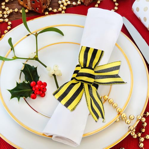 Image of 3 Rolls 15 Yards Burlap Wired Ribbon Christmas Wrapping Farmhouse Craft Ribbon Plaid Striped Dot Pattern for Party Home DIY Crafts Holiday Decoration (Yellow and Black)