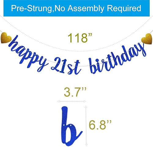 Miniatura 2 de SUNbetterland - Cartel de feliz cumpleaños número 21 con purpurina azul, preencordado, decoración de fiesta de cumpleaños de niño y hombre