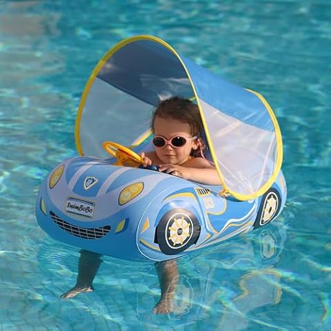 Swimbobo Toddler Pool Float Inflatable Car Baby Swim Float with Adjustable Sun Canopy and Safety Seat Pool Toys for Kids 1-4 Years Old (Blue Sports Car) Cover