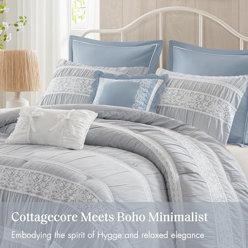 Image of Madison Park 5-Piece Farmhouse Comforter Set with Ruching & Lace Trim, Soft Chambray Bedding, Includes Comforter and 2 Decorative Pillows, Queen, Blue