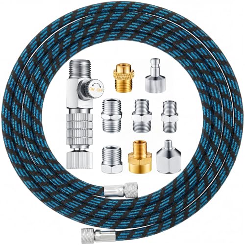 Hotop 10 ft Airbrush Hose Nylon Braided Hose with Quick Release Disconnect Coupler Airbrush kit for Air Compressor and Adapter(Blue-black)