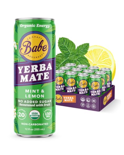 Babe Organic Yerba Mate Energy Drinks | NO ADDED SUGAR | 150mg Plant-Based Caffeine | Natural Yerba Mate Tea with No Crash, No Jitters - Mint Lemon NO ADDED SUGAR (12 x 12oz cans)