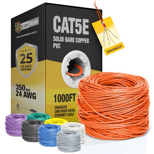 LION BEAM™ Cat5e Ethernet Cable 1000FT Pull-Box, 24AWG, CMR Insulated Solid Bare Copper Internet Cable 350 MHz, Provides High-Speed 1-5Gbps, UTP Bulk Ethernet Riser Wire with Smooth Fast Reel, Orange