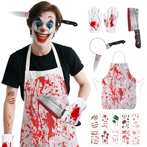 Dandin 14PC Butcher Halloween Costumes Adult Scary,Halloween Costumes Men Women,Horror Butcher Costume, Halloween Fancy Dress Party Adult & Teen One Size Fits All