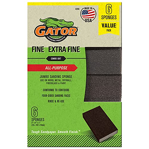 Gator Multi-Surface Sanding Sponge, 3" x 4" x 1", Extra Fine/Fine Grit, 6 Pack
