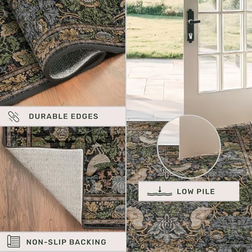Image of Hazo Haus Dark Living Room Rug 8x10 - Large Washable Vintage Floral Area Rugs for Dining Room, Bedroom, Traditional Antique Style, Birds and Leaves Nature Design, Non-Slip Low Pile (Dark Green /Brown)