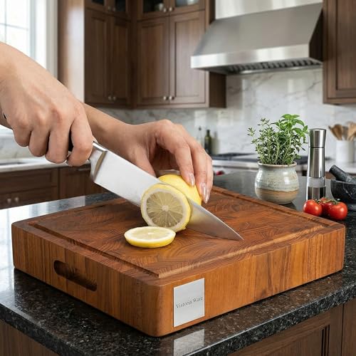 Tabla de cortar rectangular de madera de teca de 43.18 cm con ranura para jugos, reversible y gruesa para cocina miniatura 3