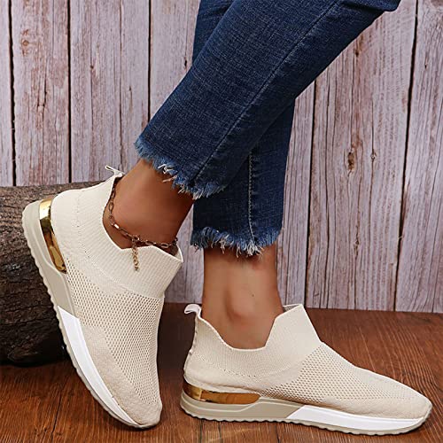 Womens Fashion Sneakers Hollow Sandals Mesh Casual Shoes Platform Walking Sneakers for Women Beige2